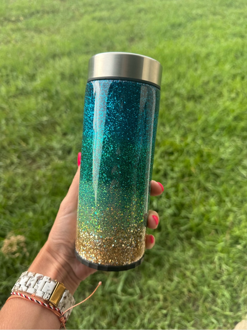 Glitter Ombre skinny can‎ cooler stainless steel - Teal to Gold